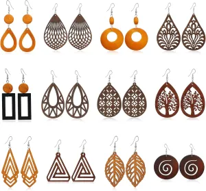 12 Pairs African Wooden Dangle Earrings Lightweight Drop Earrings Bohemian Pendant Dangle Earrings Jewelry Wooden Earrings