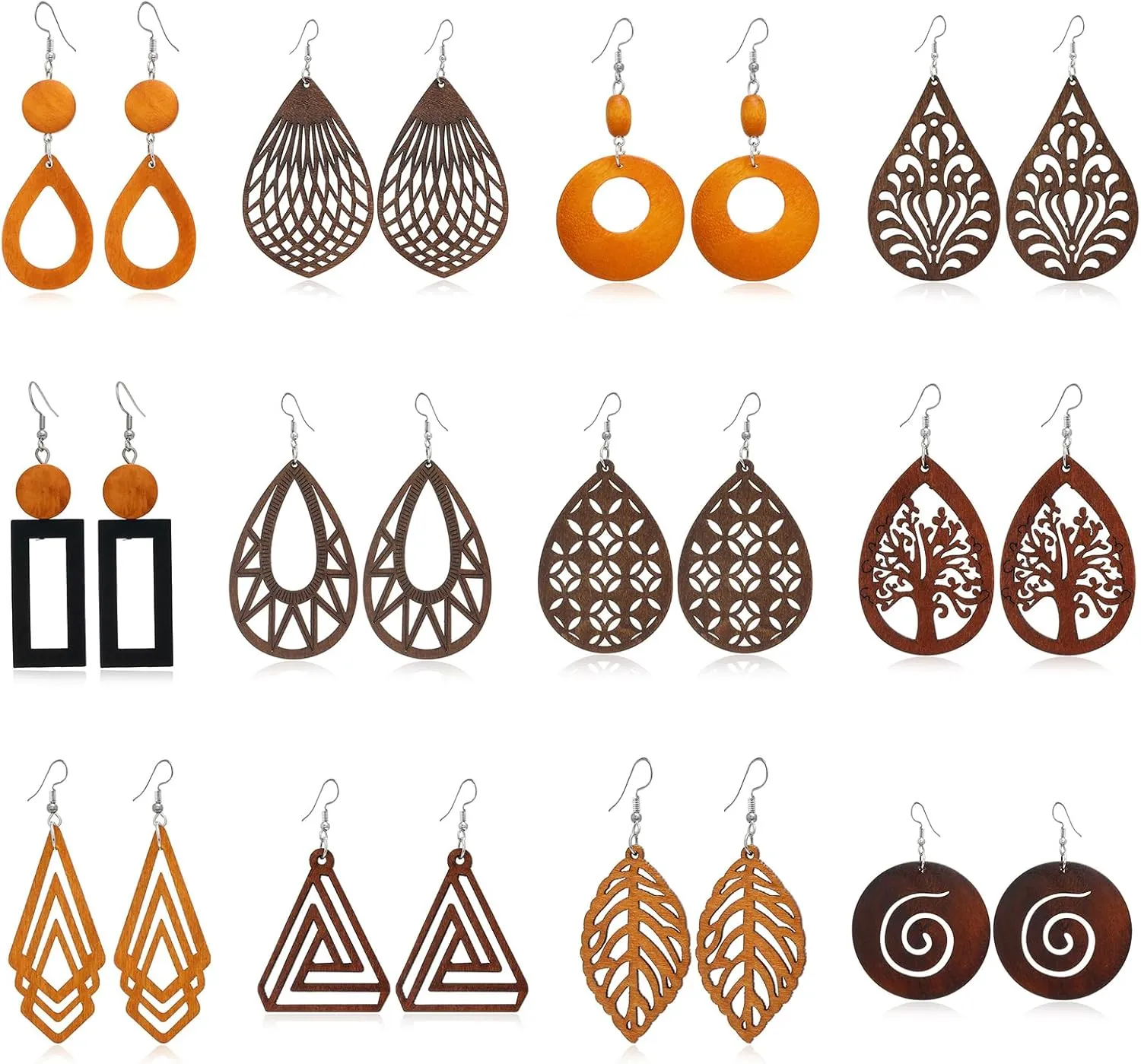 12 Pairs African Wooden Dangle Earrings Lightweight Drop Earrings Bohemian Pendant Dangle Earrings Jewelry Wooden Earrings