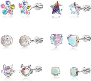 12 Pairs Toddler Earrings,Hypoallergenic Titanium Screw Back Earrings for Girls Women,Surgical Stainless Steel Cute Flower Pearl Star Cubic Zirconia Flat Back Stud Earrings for Sensitive Ears