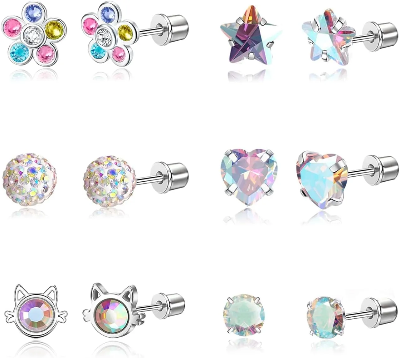 12 Pairs Toddler Earrings,Hypoallergenic Titanium Screw Back Earrings for Girls Women,Surgical Stainless Steel Cute Flower Pearl Star Cubic Zirconia Flat Back Stud Earrings for Sensitive Ears