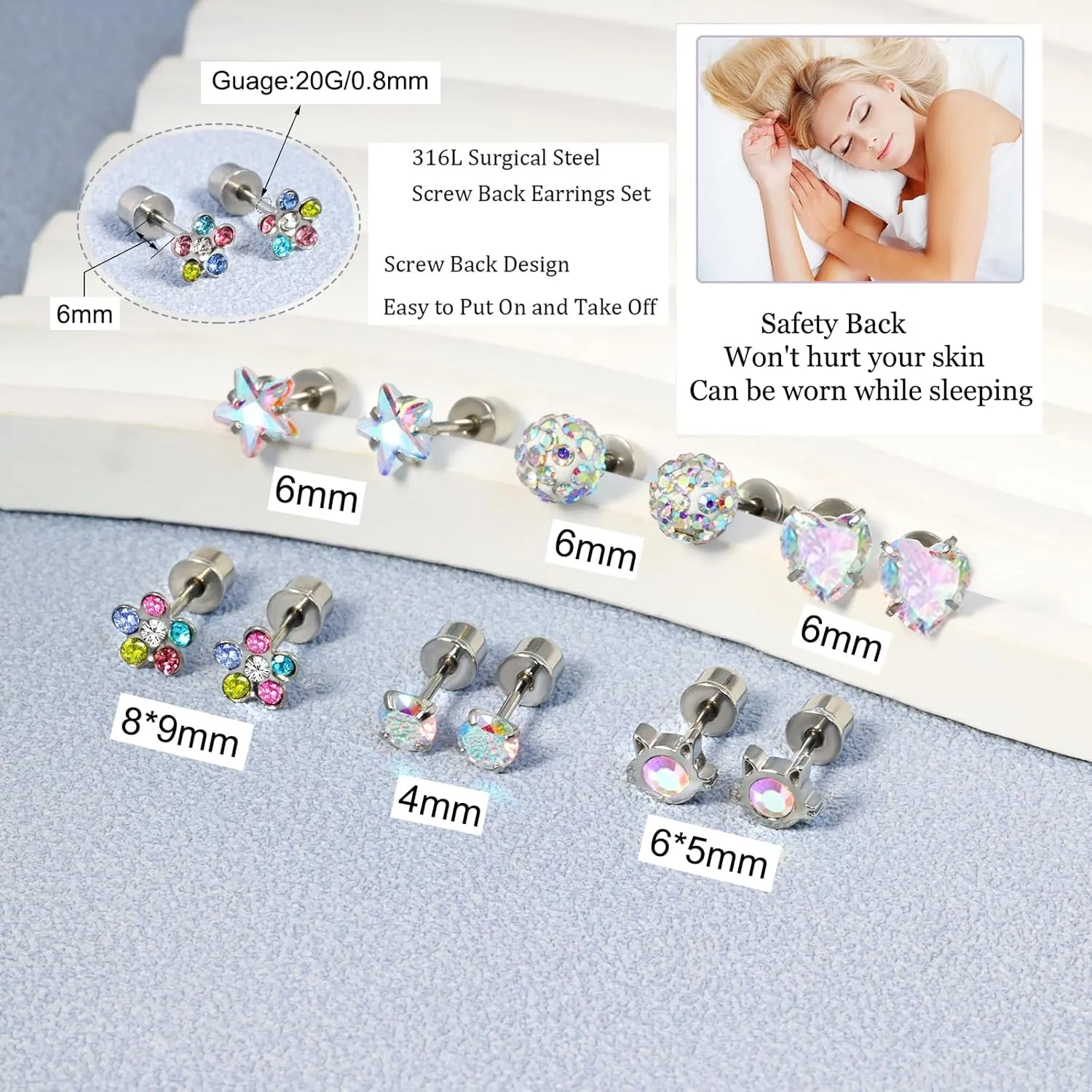 12 Pairs Toddler Earrings,Hypoallergenic Titanium Screw Back Earrings for Girls Women,Surgical Stainless Steel Cute Flower Pearl Star Cubic Zirconia Flat Back Stud Earrings for Sensitive Ears