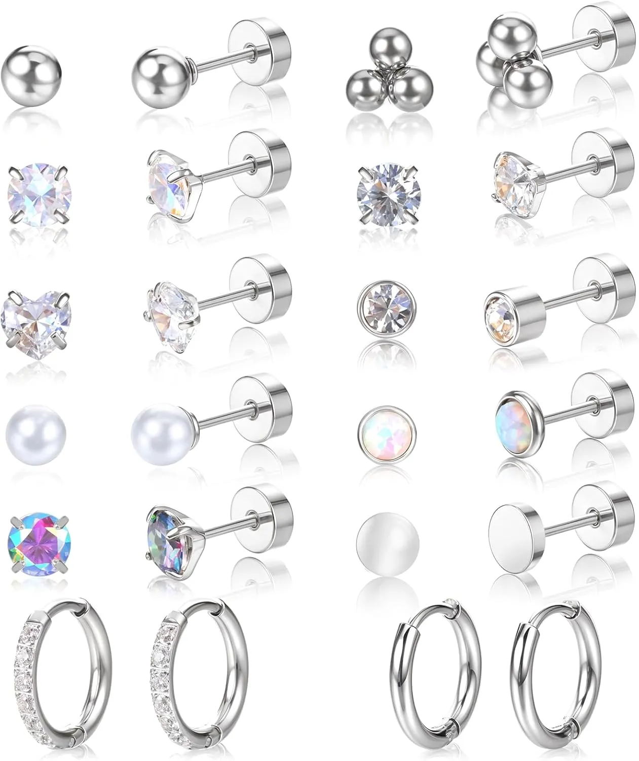 12Pairs Anti-sensitive Surgical Steel Earrings for Sensitive Ears Flat Back Stud Earring Small Huggie Hoop Cartilage Earring