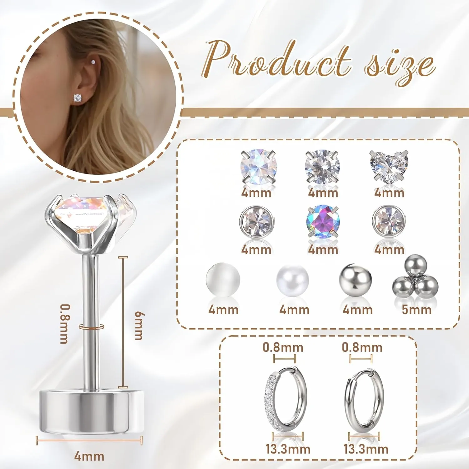 12Pairs Anti-sensitive Surgical Steel Earrings for Sensitive Ears Flat Back Stud Earring Small Huggie Hoop Cartilage Earring