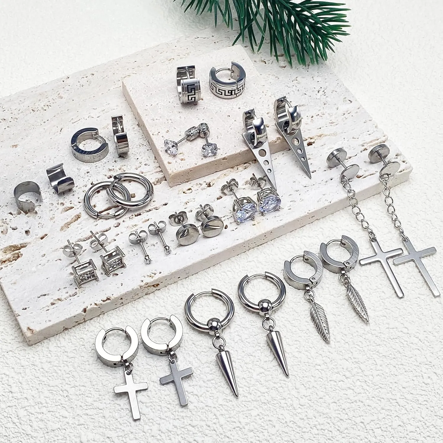 14 Pairs Earrings for Men and Women - Black Stud, Hoop, Cross, and Dangling Earrings Set - Stainless Steel Ear Cuffs Piercing Jewelry