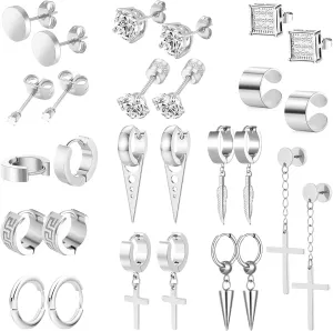 14 Pairs Earrings for Men and Women - Black Stud, Hoop, Cross, and Dangling Earrings Set - Stainless Steel Ear Cuffs Piercing Jewelry