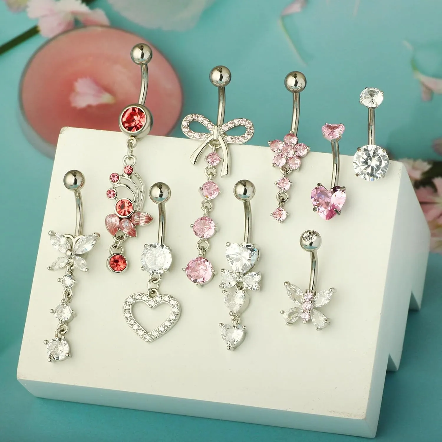 14G Belly Button ring Dangle Belly Rings Surgical Stainless Steel Cute Bow Butterfly Heart Flower Dangling Belly Button Piercing Jewelry For Women Silver Dainty Dangly Navel Ring