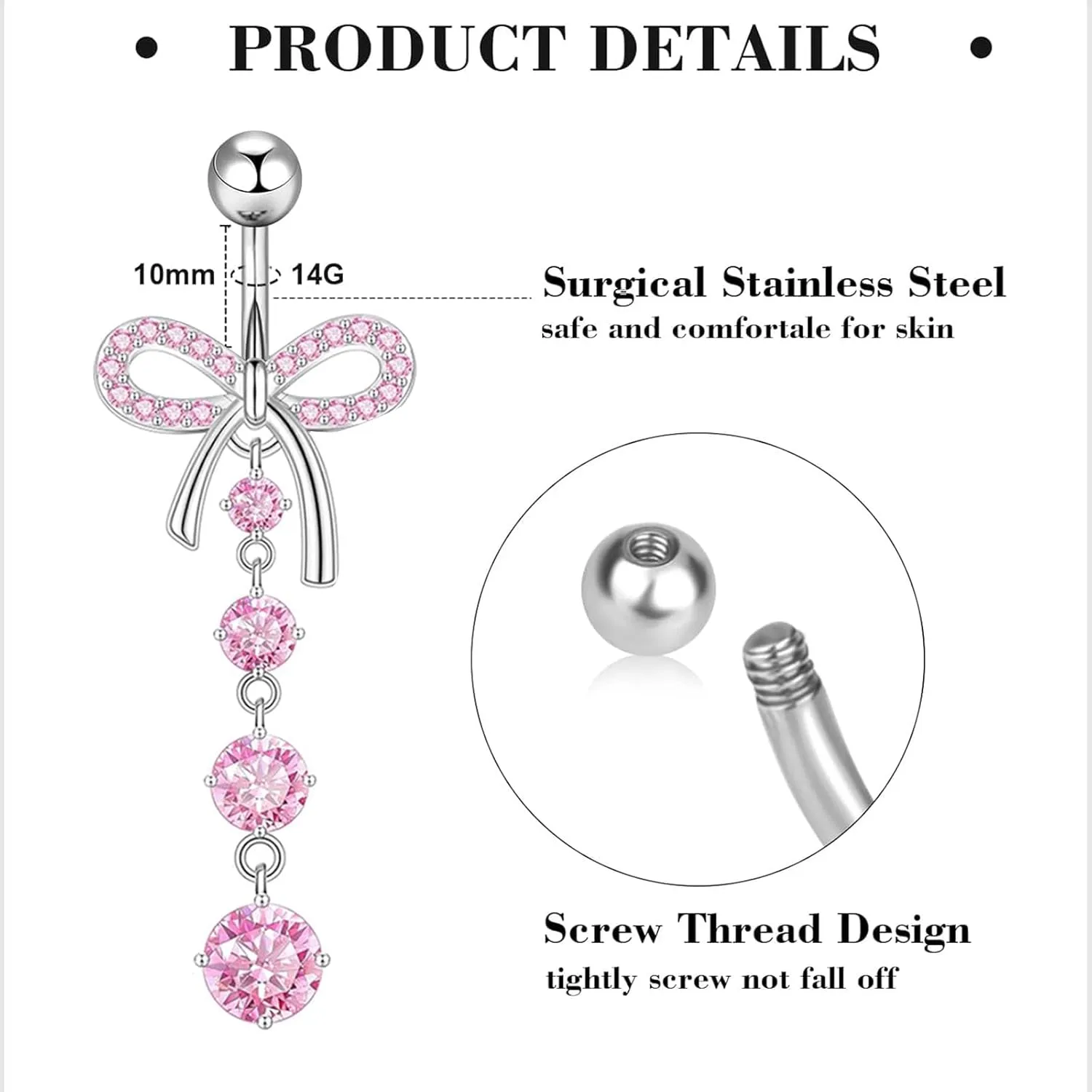 14G Belly Button ring Dangle Belly Rings Surgical Stainless Steel Cute Bow Butterfly Heart Flower Dangling Belly Button Piercing Jewelry For Women Silver Dainty Dangly Navel Ring