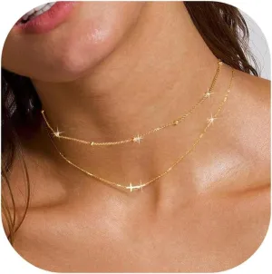 14K Gold Layered Cross Necklaces for Women,Tiny Small Sideways Cross Necklace Minimalist Christian Jewelry Gifts for Women Girls,2Pcs
