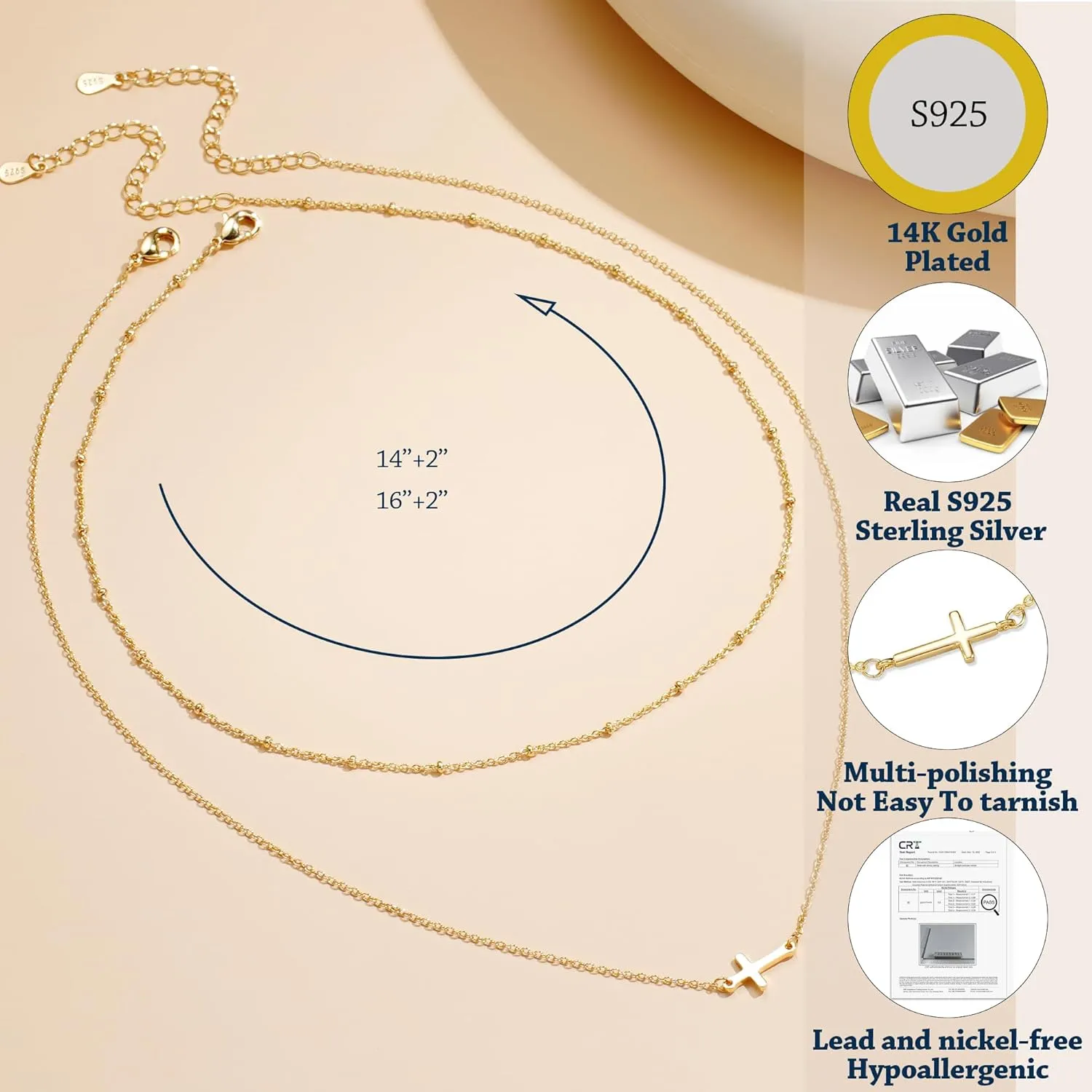 14K Gold Layered Cross Necklaces for Women,Tiny Small Sideways Cross Necklace Minimalist Christian Jewelry Gifts for Women Girls,2Pcs