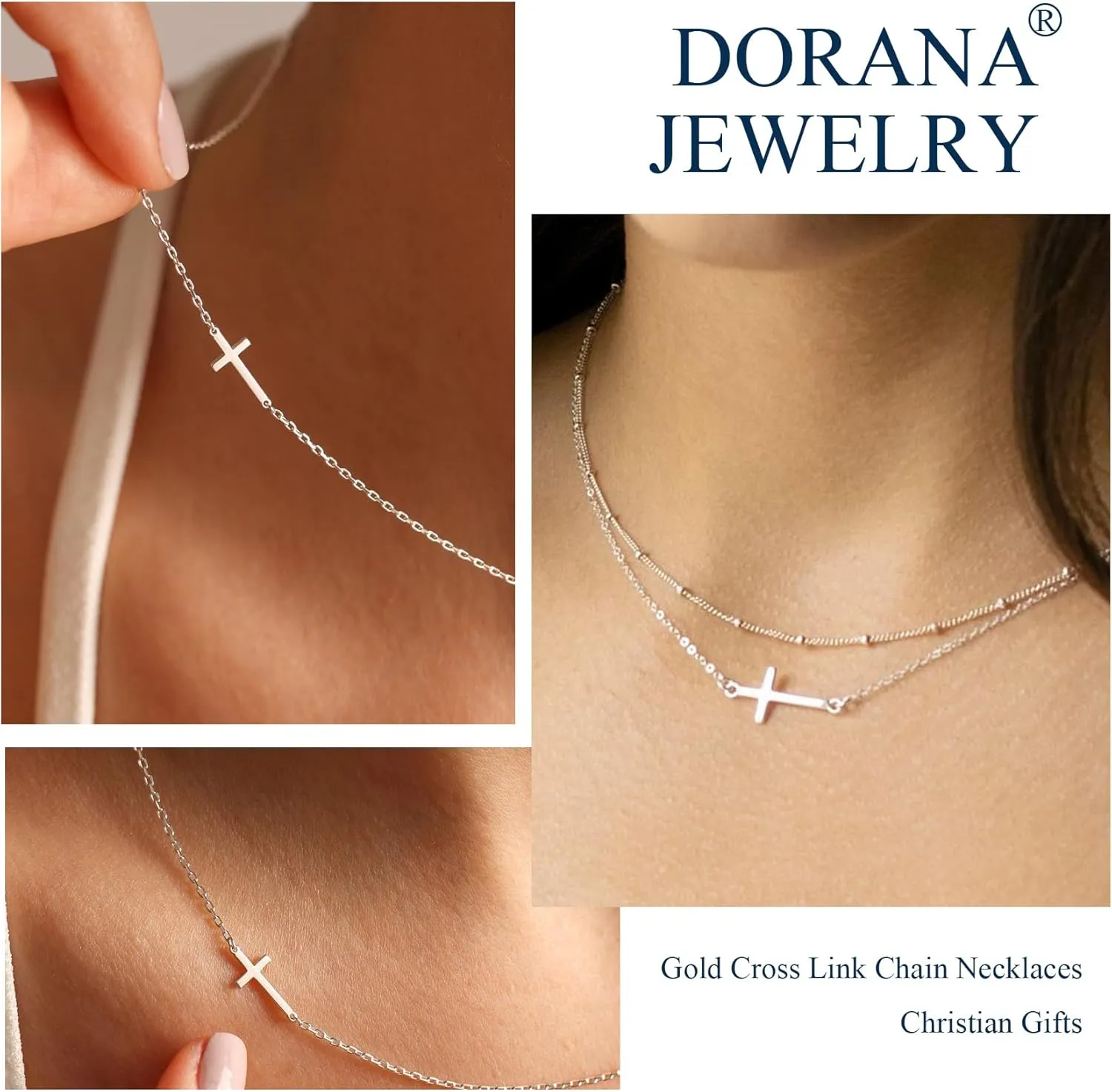 14K Gold Layered Cross Necklaces for Women,Tiny Small Sideways Cross Necklace Minimalist Christian Jewelry Gifts for Women Girls,2Pcs