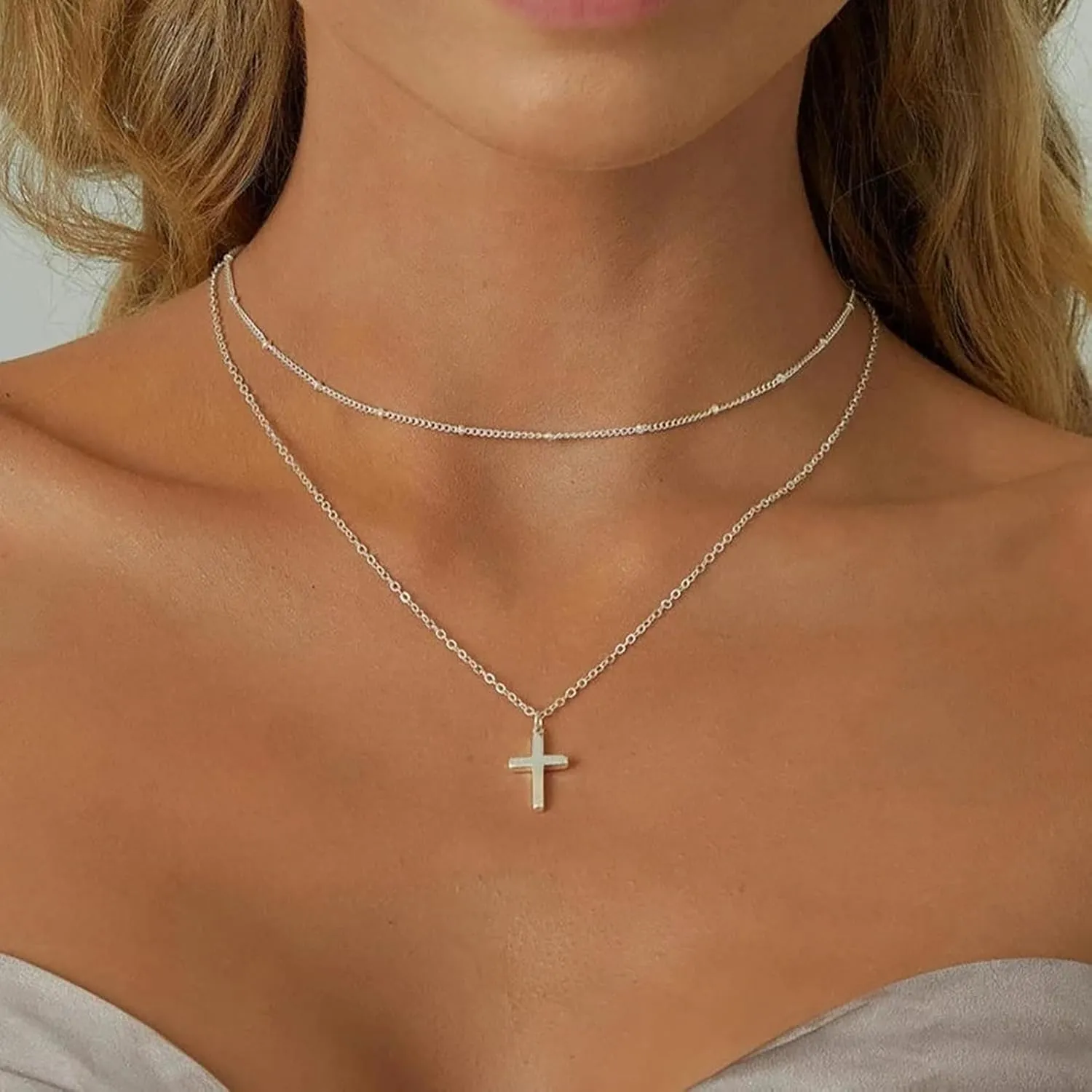 14K Gold Layered Cross Necklaces for Women,Tiny Small Sideways Cross Necklace Minimalist Christian Jewelry Gifts for Women Girls,2Pcs
