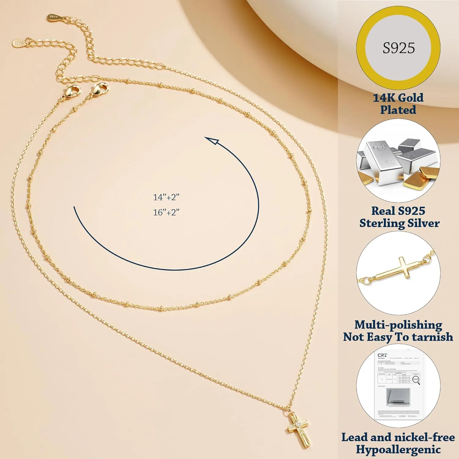 14K Gold Layered Cross Necklaces for Women,Tiny Small Sideways Cross Necklace Minimalist Christian Jewelry Gifts for Women Girls,2Pcs
