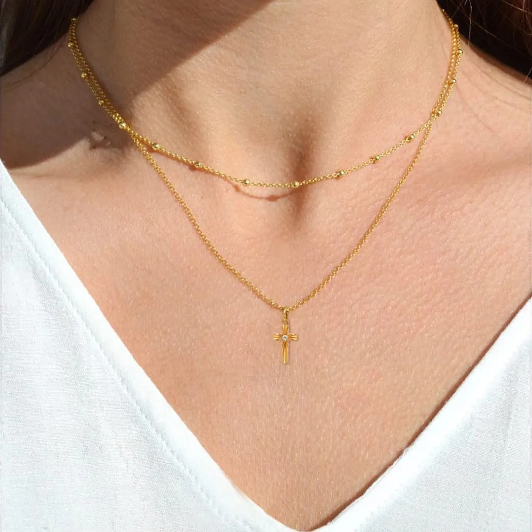 14K Gold Layered Cross Necklaces for Women,Tiny Small Sideways Cross Necklace Minimalist Christian Jewelry Gifts for Women Girls,2Pcs