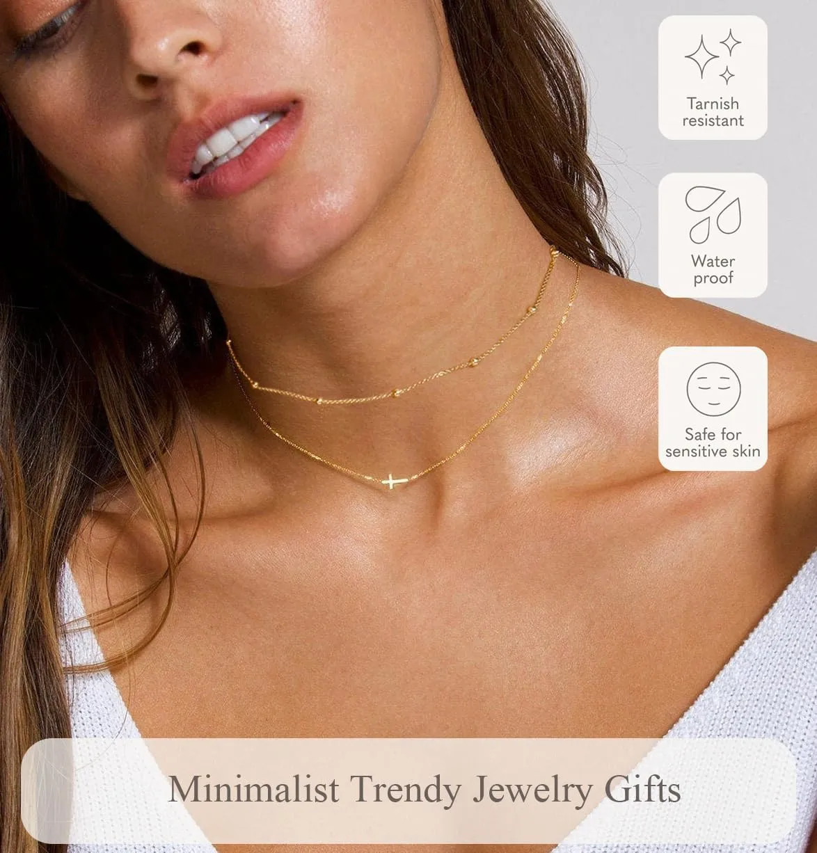 14K Gold Layered Cross Necklaces for Women,Tiny Small Sideways Cross Necklace Minimalist Christian Jewelry Gifts for Women Girls,2Pcs