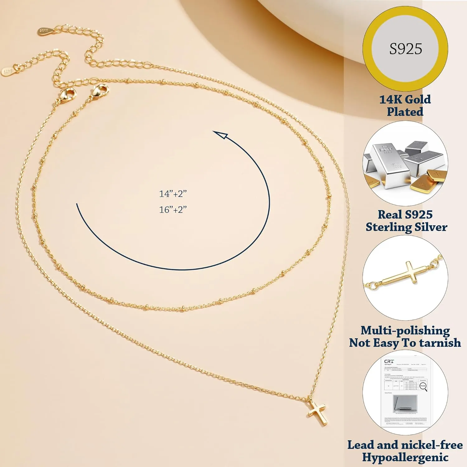 14K Gold Layered Cross Necklaces for Women,Tiny Small Sideways Cross Necklace Minimalist Christian Jewelry Gifts for Women Girls,2Pcs
