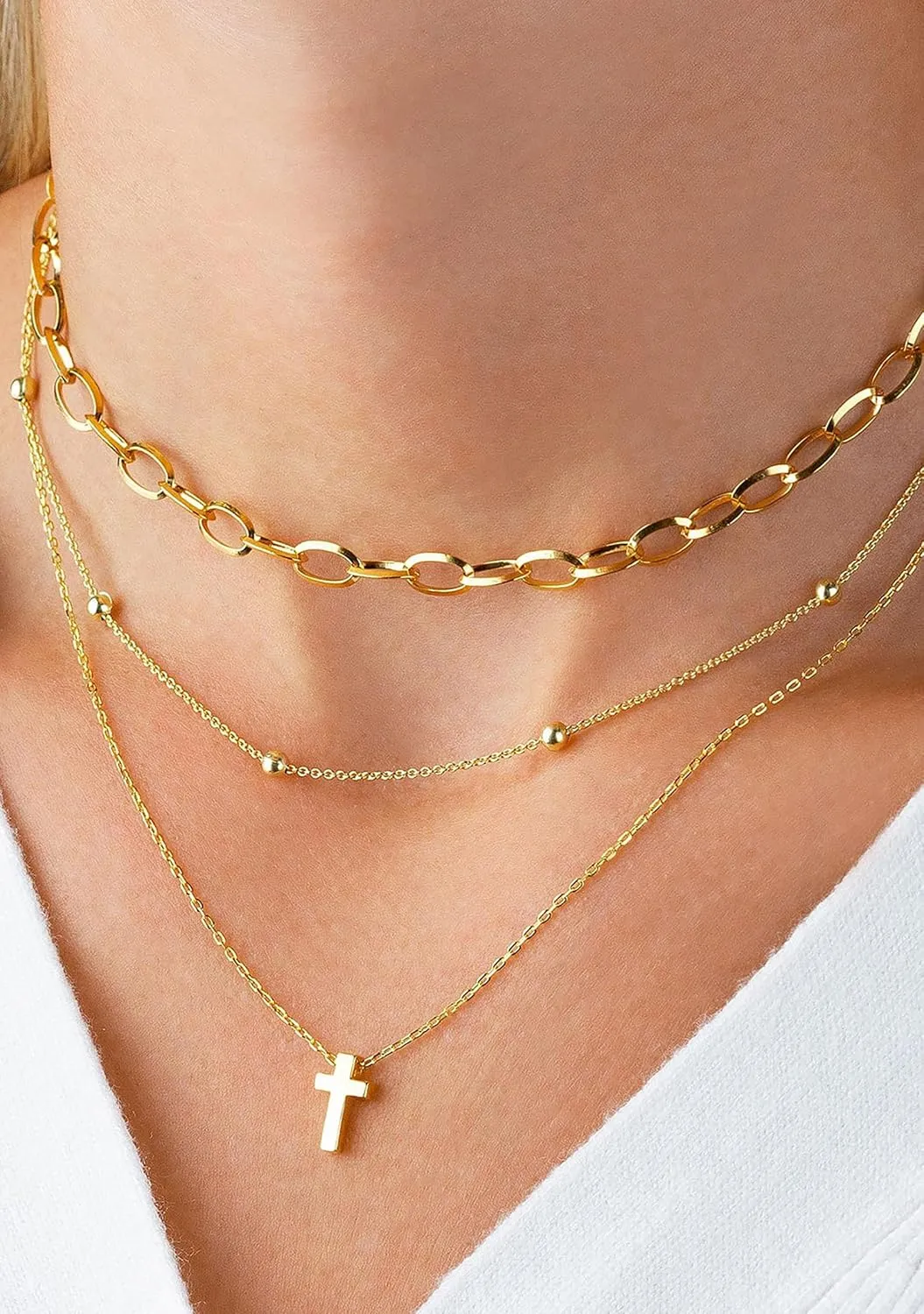 14K Gold Layered Cross Necklaces for Women,Tiny Small Sideways Cross Necklace Minimalist Christian Jewelry Gifts for Women Girls,2Pcs