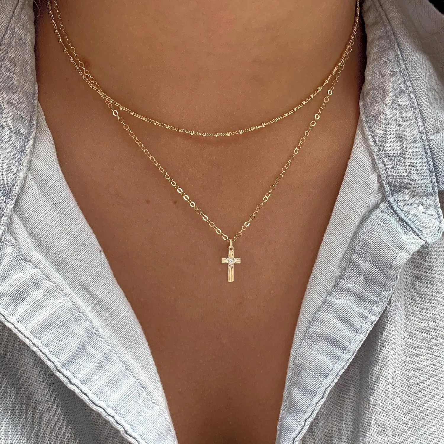 14K Gold Layered Cross Necklaces for Women,Tiny Small Sideways Cross Necklace Minimalist Christian Jewelry Gifts for Women Girls,2Pcs
