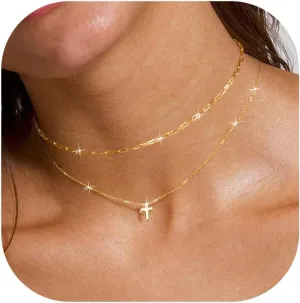 14K Gold Layered Cross Necklaces for Women,Tiny Small Sideways Cross Necklace Minimalist Christian Jewelry Gifts for Women Girls,2Pcs