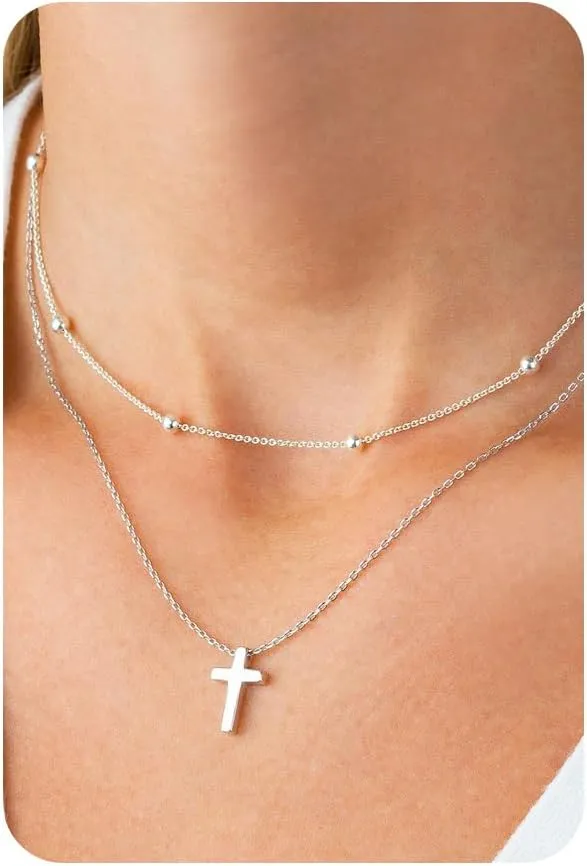 14K Gold Layered Cross Necklaces for Women,Tiny Small Sideways Cross Necklace Minimalist Christian Jewelry Gifts for Women Girls,2Pcs