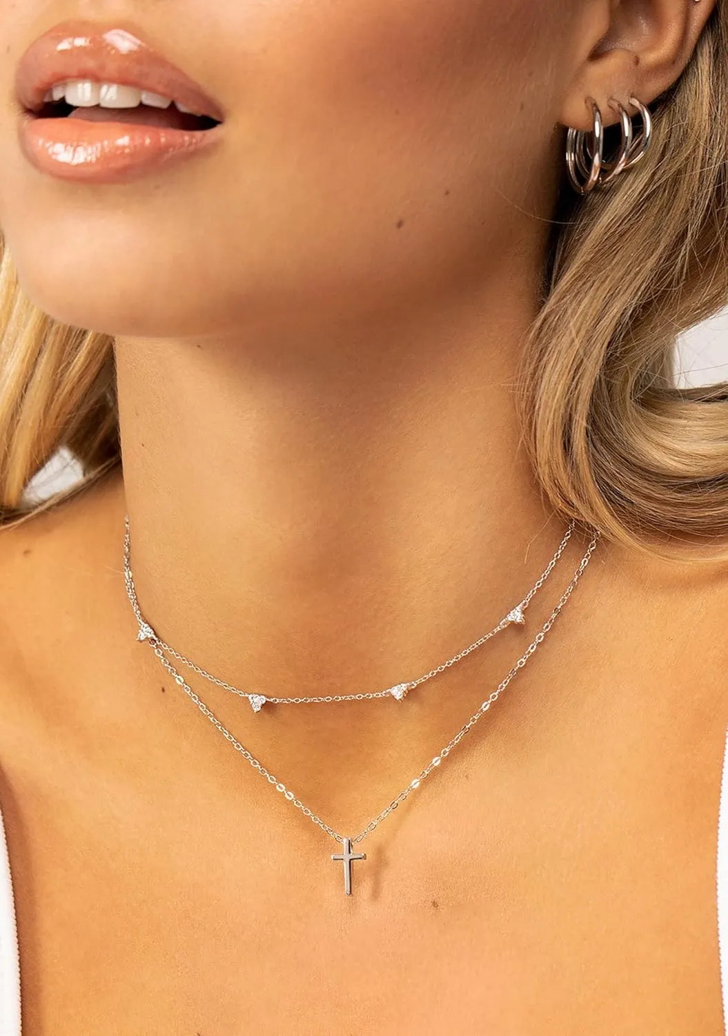 14K Gold Layered Cross Necklaces for Women,Tiny Small Sideways Cross Necklace Minimalist Christian Jewelry Gifts for Women Girls,2Pcs