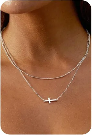 14K Gold Layered Cross Necklaces for Women,Tiny Small Sideways Cross Necklace Minimalist Christian Jewelry Gifts for Women Girls,2Pcs