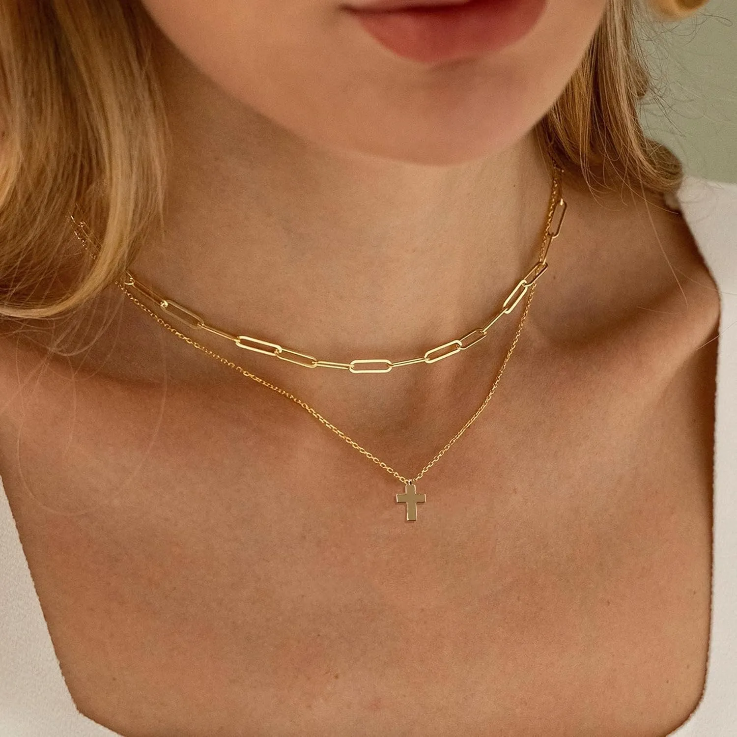 14K Gold Layered Cross Necklaces for Women,Tiny Small Sideways Cross Necklace Minimalist Christian Jewelry Gifts for Women Girls,2Pcs