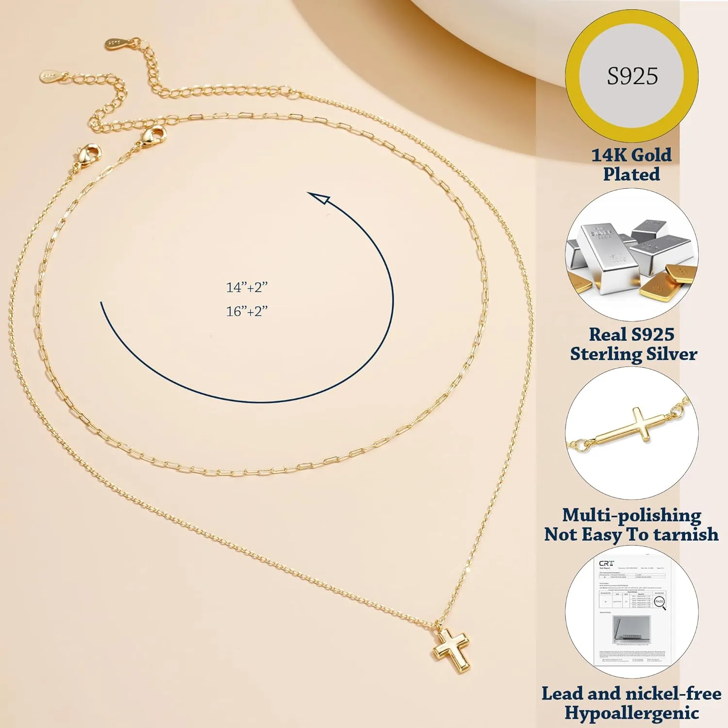 14K Gold Layered Cross Necklaces for Women,Tiny Small Sideways Cross Necklace Minimalist Christian Jewelry Gifts for Women Girls,2Pcs