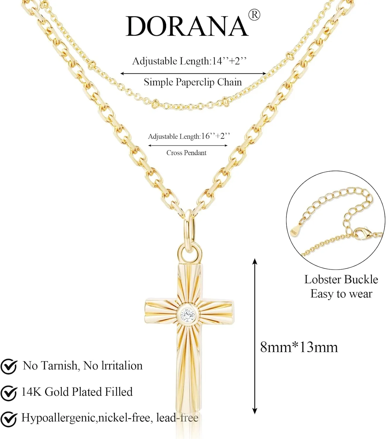 14K Gold Layered Cross Necklaces for Women,Tiny Small Sideways Cross Necklace Minimalist Christian Jewelry Gifts for Women Girls,2Pcs