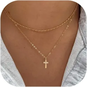 14K Gold Layered Cross Necklaces for Women,Tiny Small Sideways Cross Necklace Minimalist Christian Jewelry Gifts for Women Girls,2Pcs