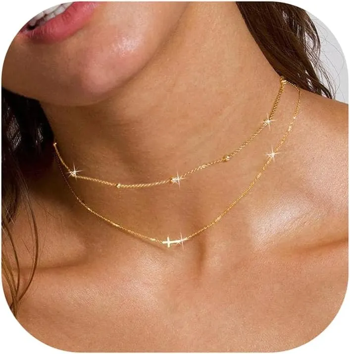 14K Gold Layered Cross Necklaces for Women,Tiny Small Sideways Cross Necklace Minimalist Christian Jewelry Gifts for Women Girls,2Pcs