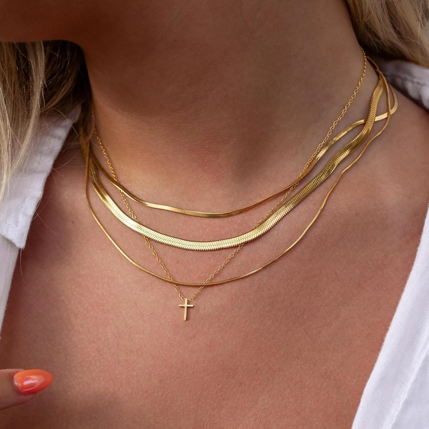 14K Gold Layered Cross Necklaces for Women,Tiny Small Sideways Cross Necklace Minimalist Christian Jewelry Gifts for Women Girls,2Pcs