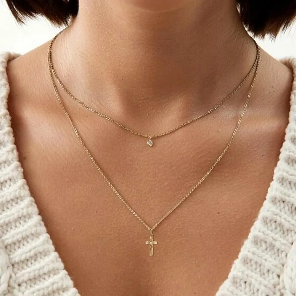 14K Gold Layered Cross Necklaces for Women,Tiny Small Sideways Cross Necklace Minimalist Christian Jewelry Gifts for Women Girls,2Pcs