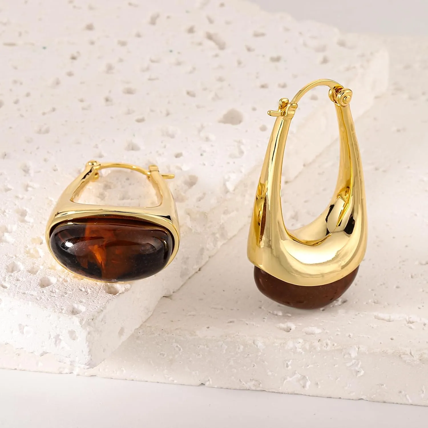 14k Gold Plated Amber Resin Hoop Earrings for Women Trendy, Hypoallergenic Chunky Gold Earrings Jewelry Gifts for Sensitive Earlobes