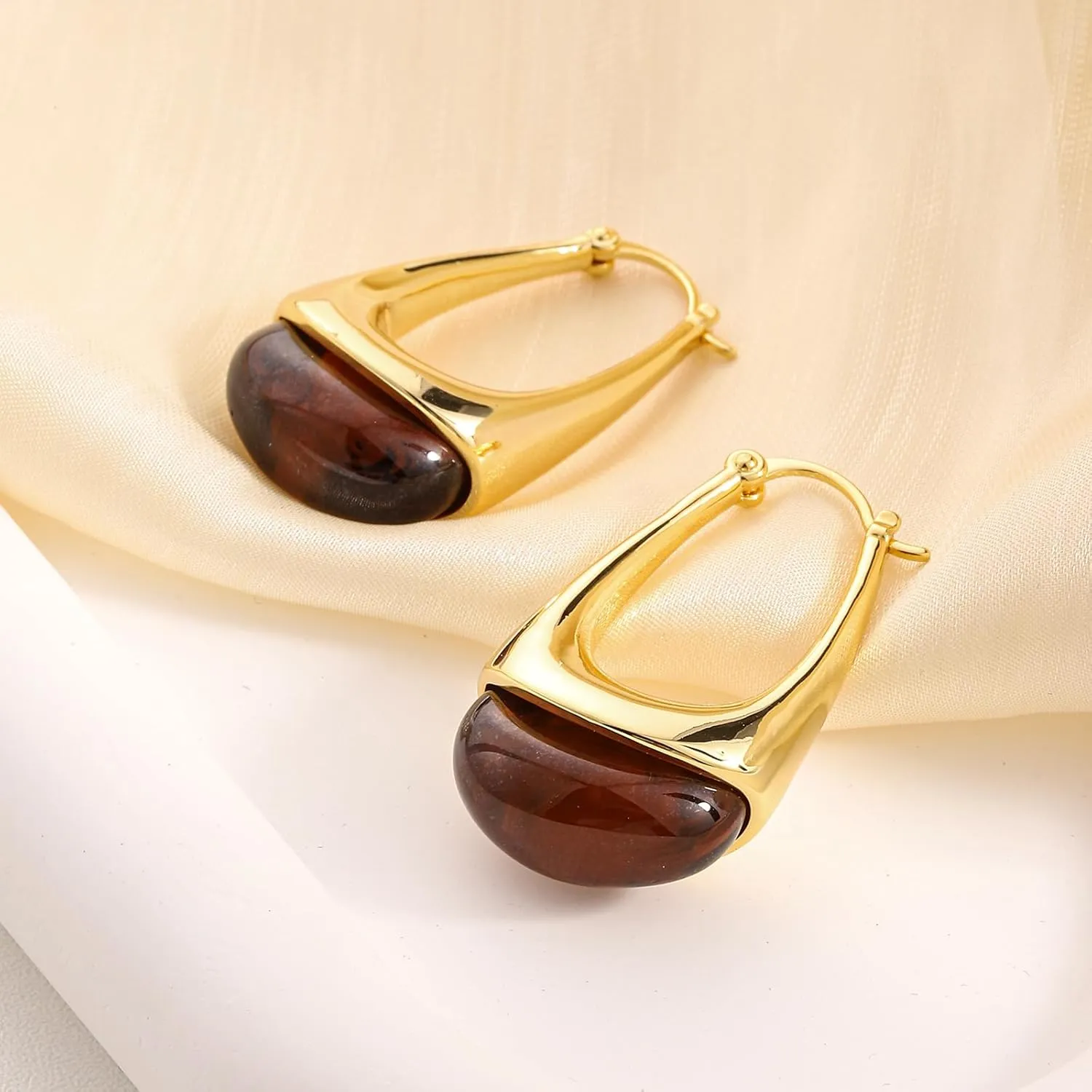 14k Gold Plated Amber Resin Hoop Earrings for Women Trendy, Hypoallergenic Chunky Gold Earrings Jewelry Gifts for Sensitive Earlobes