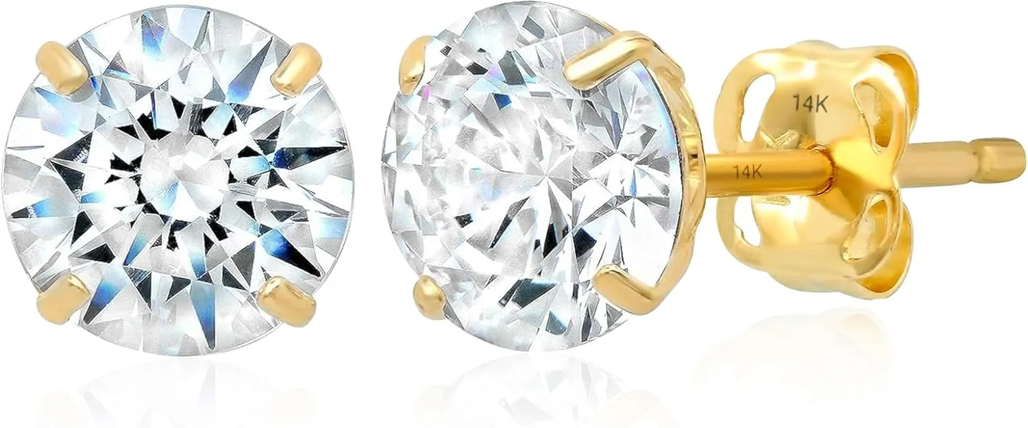 14k Gold Solitaire Round Cubic Zirconia Earrings Studs for Women & Men | Anti Tarnishing CZ Stud Earrings with 14k Gold Butterfly Pushbacks | 4MM-7.5MM by MAX   STONE