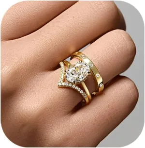 17KM 14K Gold Rings for Women Non Tarnish, Dainty Knuckle Stackable Rings Set Oval V-shaped Cubic Zirconia Rings Perfect for Wedding Promise Engagement Bands Size 5-10