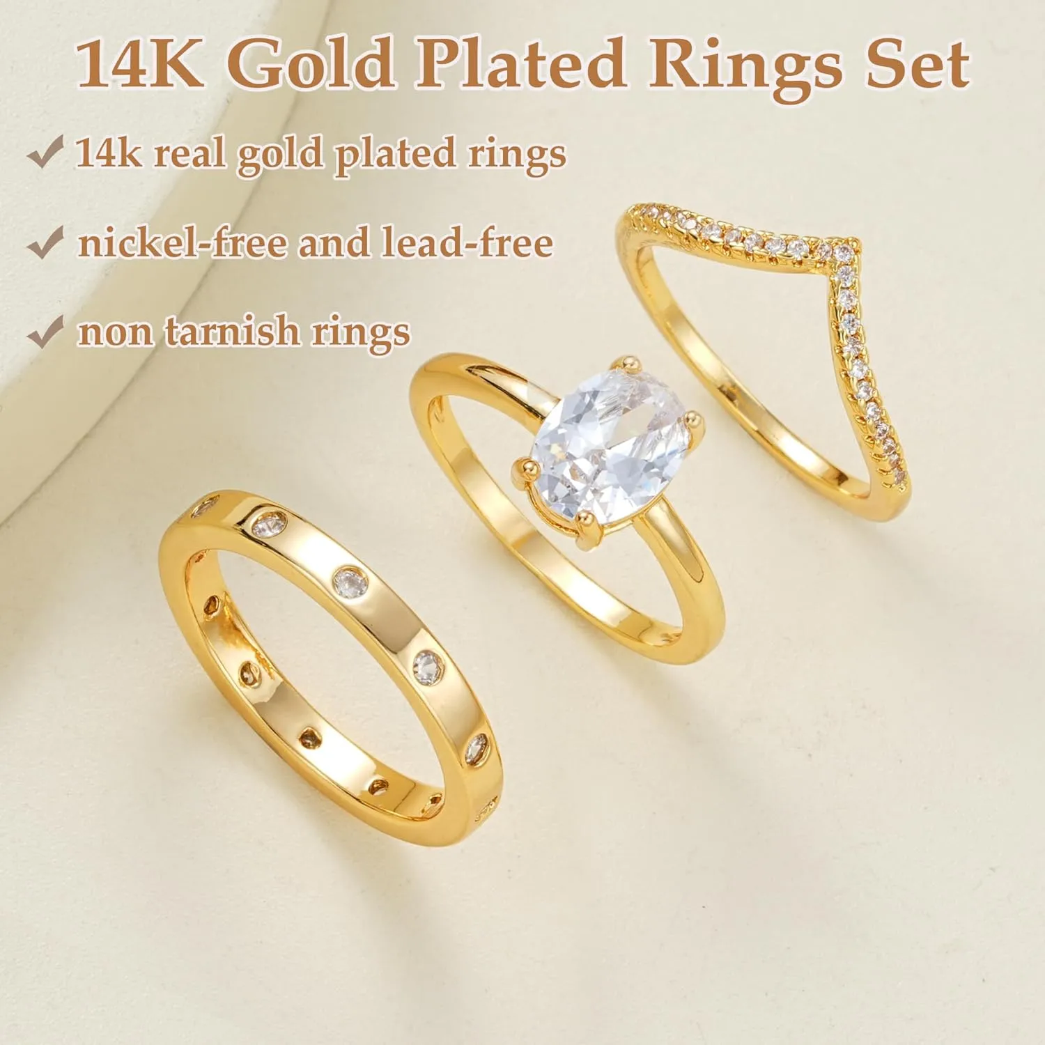 17KM 14K Gold Rings for Women Non Tarnish, Dainty Knuckle Stackable Rings Set Oval V-shaped Cubic Zirconia Rings Perfect for Wedding Promise Engagement Bands Size 5-10
