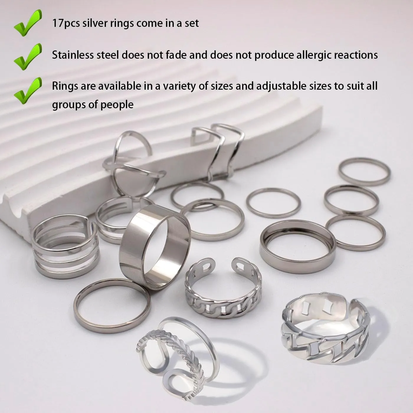 17PCS Silver Knuckle Rings for Women Stainless Steel Rings Set Midi Stackable Rings Simple Smooth Finger Rings Silver Adjustable Rings Jewelry Gift