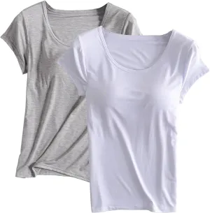2 Pack Built in Bra Tops for Women Cozy Scoop Neck Short Sleeve T-Shirts Yoga Workout Tops with Built-in Padded Bra