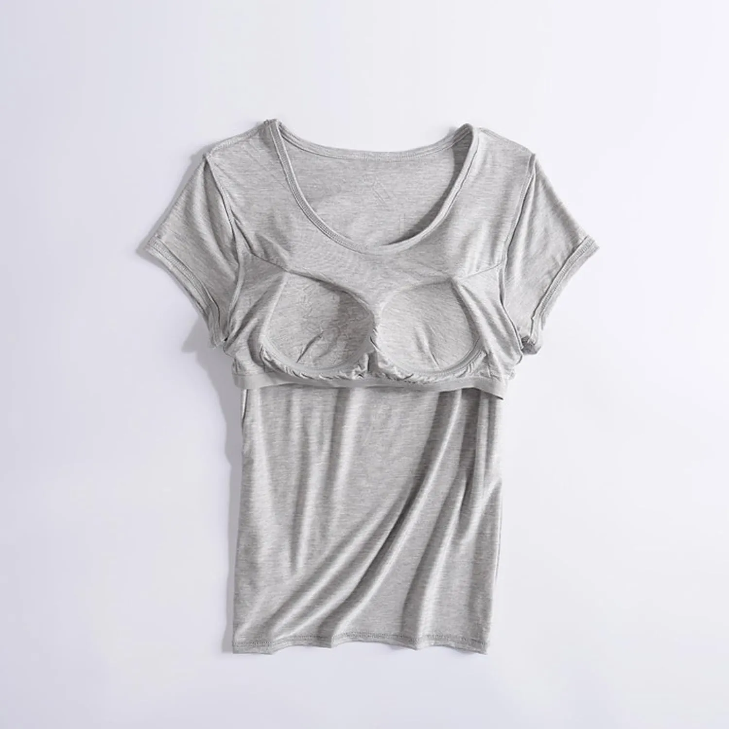 2 Pack Built in Bra Tops for Women Cozy Scoop Neck Short Sleeve T-Shirts Yoga Workout Tops with Built-in Padded Bra