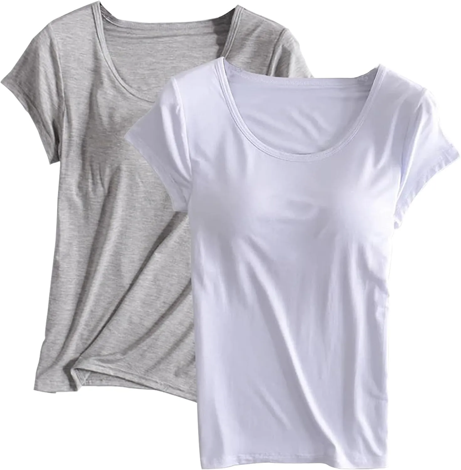 2 Pack Built in Bra Tops for Women Cozy Scoop Neck Short Sleeve T-Shirts Yoga Workout Tops with Built-in Padded Bra