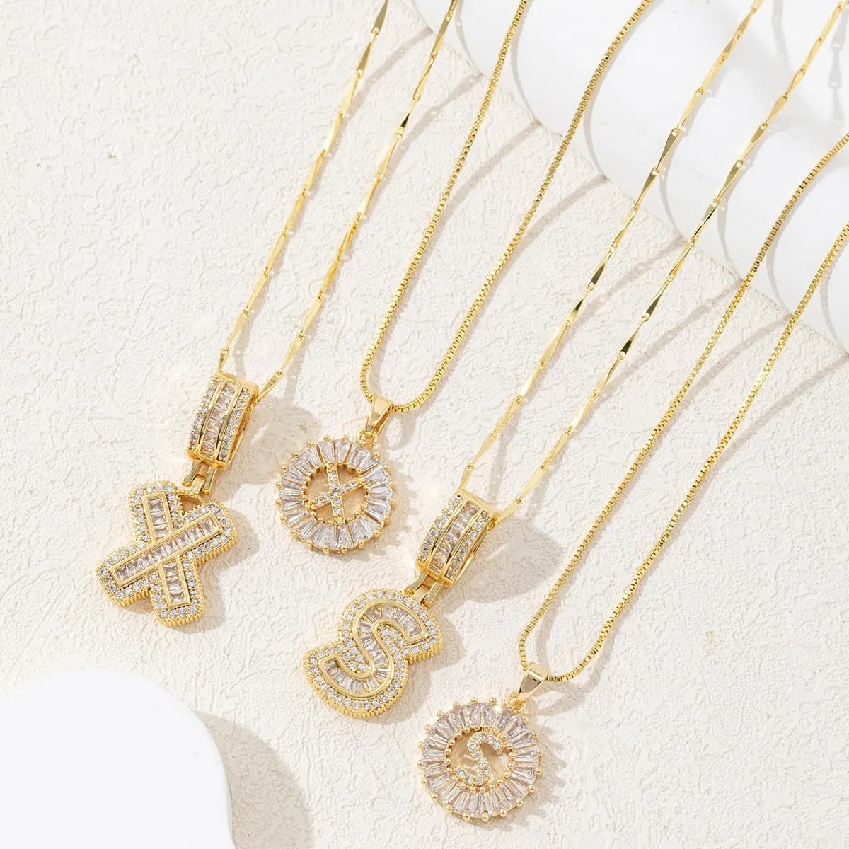 2 Pack Initial Letter Pendant Necklaces, Gold Initial Pendant Necklaces, 14K Gold Plated Letter Necklaces with Zircon Stones, Dainty Personalized Alphabet Jewelry Gift for Mom Bridesmaids
