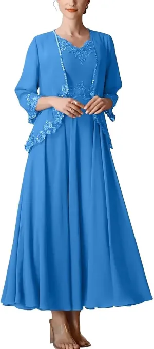 2 Piece Mother of The Bride Dresses with Jacket Chiffon Sequin Appliques Formal Dress for Women