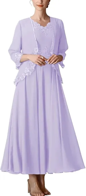 2 Piece Mother of The Bride Dresses with Jacket Chiffon Sequin Appliques Formal Dress for Women