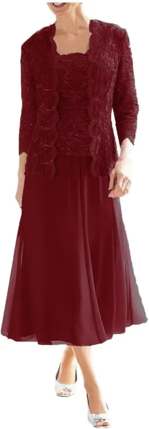 2-Pieces Mother of Bride Dresses with Jacket 2-Pieces Mother of The Groom Dress Tea Length Chiffon Formal Evening Gowns
