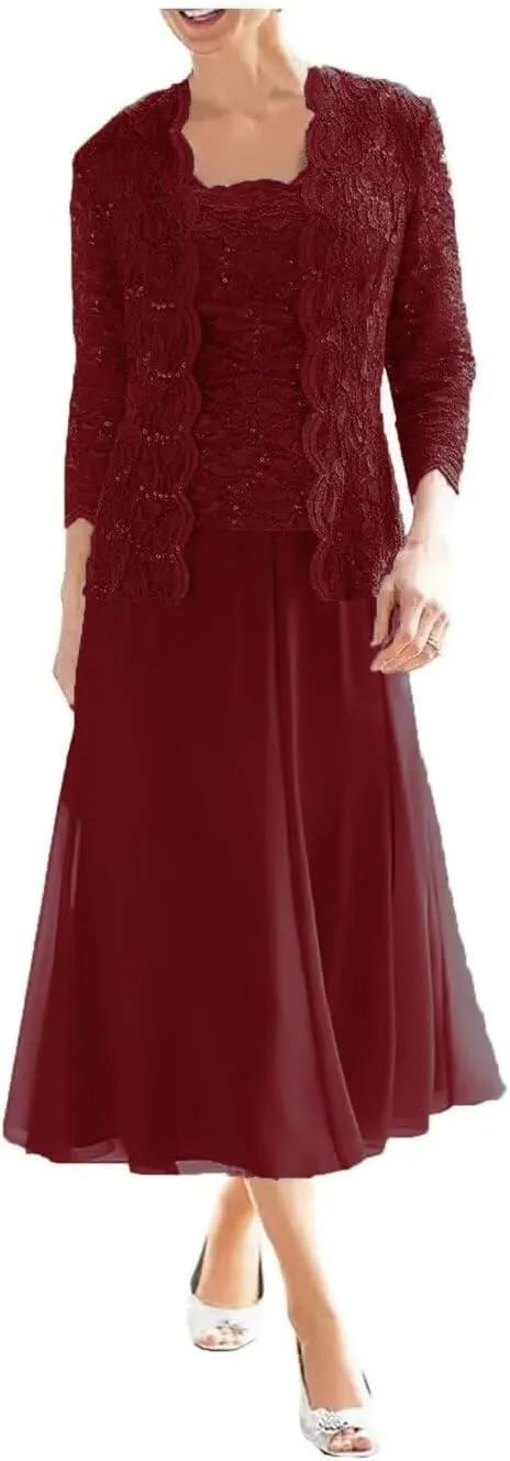 2-Pieces Mother of Bride Dresses with Jacket 2-Pieces Mother of The Groom Dress Tea Length Chiffon Formal Evening Gowns