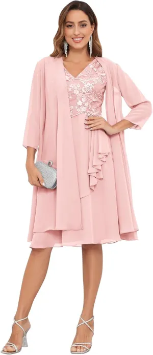 2 Pieces Mother of The Bride Dresses for Wedding with Jacket 3/4 Sleeve Lace Chiffon Evening Formal Gown
