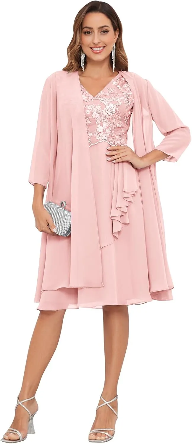 2 Pieces Mother of The Bride Dresses for Wedding with Jacket 3/4 Sleeve Lace Chiffon Evening Formal Gown
