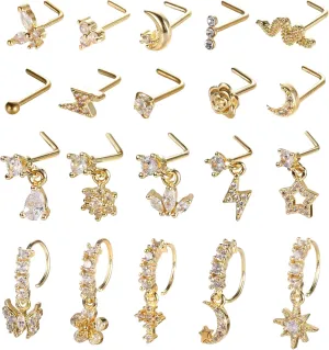 20Pcs 20G Dangle Nose Ring L Shaped Dangling Nose Stud for Women Stainless Steel Nose Ring Studs CZ Flower Dangle Nose Rings Hoops Nose Piercing Jewelry