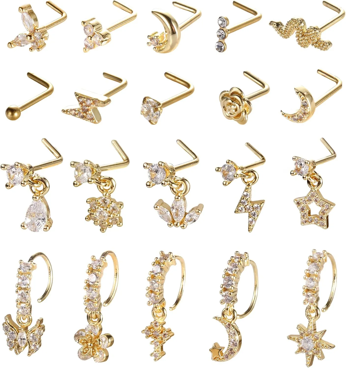 20Pcs 20G Dangle Nose Ring L Shaped Dangling Nose Stud for Women Stainless Steel Nose Ring Studs CZ Flower Dangle Nose Rings Hoops Nose Piercing Jewelry